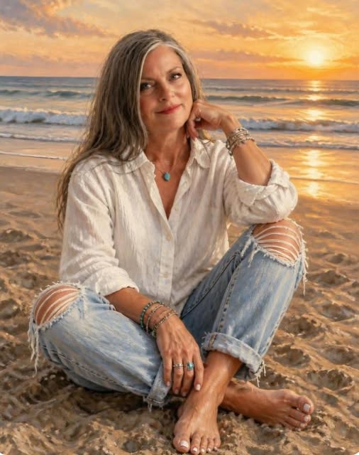 Maria McCulloch sitting on the beach at sunset